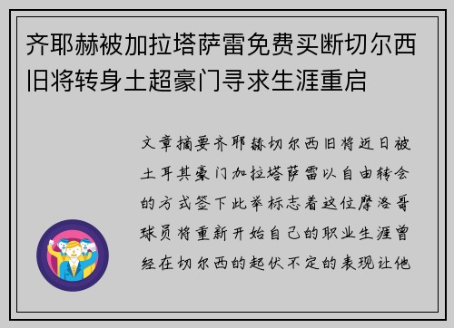 齐耶赫被加拉塔萨雷免费买断切尔西旧将转身土超豪门寻求生涯重启 齐耶赫被加拉塔萨雷免费买断切尔西旧将转身土超豪门寻求生涯重启