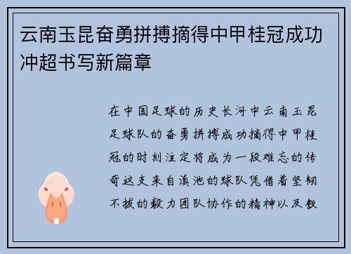 云南玉昆奋勇拼搏摘得中甲桂冠成功冲超书写新篇章