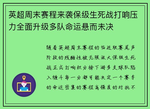 英超周末赛程来袭保级生死战打响压力全面升级多队命运悬而未决 英超周末赛程来袭保级生死战打响压力全面升级多队命运悬而未决